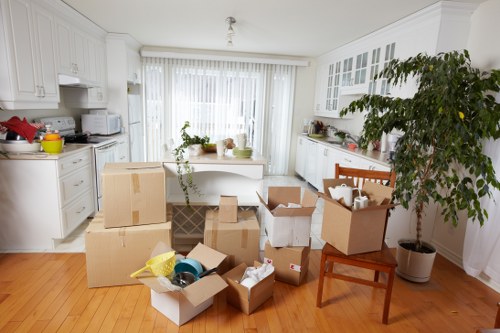 Professional house movers handling furniture
